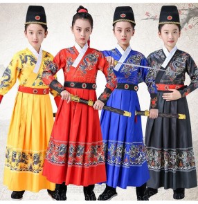 girls boys red black blue chinese hanfu swordsman knight drama cospay robes for kids chinese traditional performance dragon robes