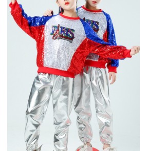 Girls boys royal blue silver red sequin jazz dance outfits modern rap hiphop street dance wear Singers drummer gogo dance costumes for children 