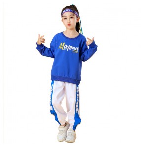 Girls boys white royal blue stage performance hiphop rap street Jazz dance costume children cheerleading aerobics exercises kindergarten performance outfits