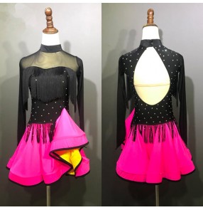 Girls children ballroom dresses pink black diamond long sleeves latin rumba salsa chacha performance competition dancing costumes