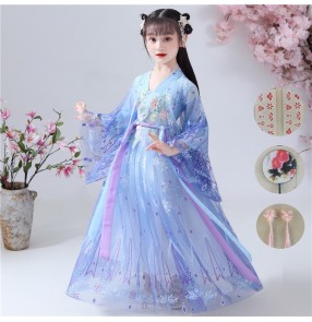 Girls children chinese hanfu blue colored traditional princess fairy anime drama cosplay dresses stage performance kimono dresses for kids