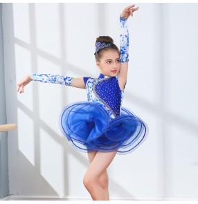 Girls children competition dance dress red royal blue colored stage performance latin dance dresses show model modern dance latin dresses