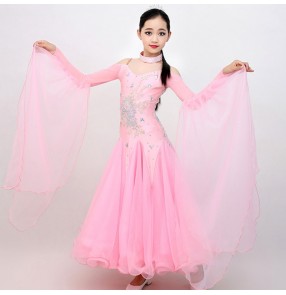 Girls children competition light pink stones ballroom dancing dresses professional waltz tango stage performance dance dresses