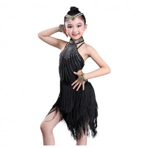 Girls children competition stones black latin dance dresses green red rhinestones stage performance rumba chacha salsa latin dance dress