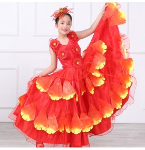 Girls children flamenco dresses kids children pink yellow red petals flower spanish bull dance dress stage performance ballroom dresses