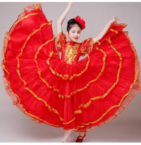 Girls children flamenco dresses kids Spanish bull dance stage performance dress skirts costumes
