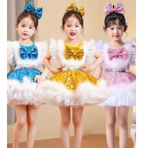 Girls Children gold pink gold sequin jazz dance dress chorus choir princess piano singers gogo dancers stage performance costumes tutu skirts