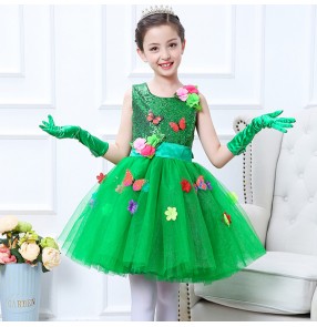 Girls children jazz dance princess dress pink red blue green white sequin flower girls kids school show party performance singers chorus dresses costumes