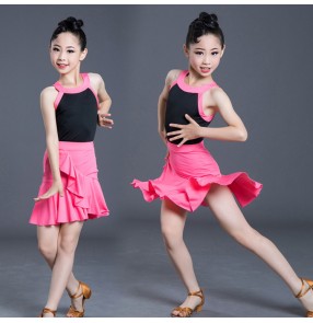 Girls children kids black with pink latin dance dresses stage performance gymnastics modern dance chacha samba salsa dresses