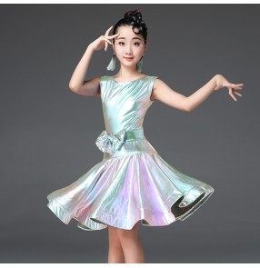 Girls children latin dance dresses children silver gold laser stage performance ballroom rumba salsa dance skirts dress costumes