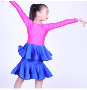 Girls children latin dance dresses long sleeves stage performance fuchsia with royal blue competition salsa chacha dance skirts costumes