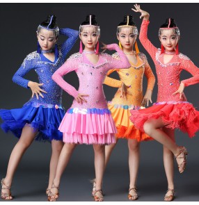 Girls children latin dance dresses stage performance competition diamond royal blue pink orange red samba salsa chacha dance skirt dress