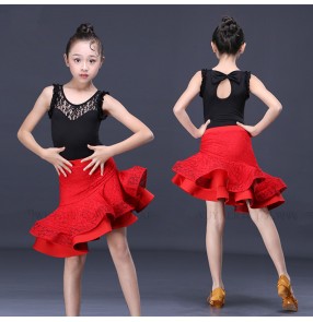 Girls children latin dancing dresses kids lace stage performance modern dance rumba chacha dance skirts costumes dress