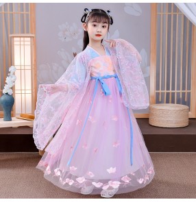 Girls children light purple hanfu chinese folk dance costumes traditional anime drama photos cosplay fairy kimono princess dress for kids