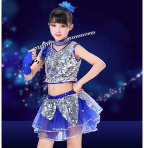 Girls children modern jazz dance costumes cheer leaders sequin royal blue kids chorus stage performance dresses