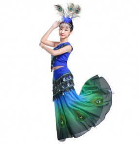 Girls children peacock dance dresses royal blue with green belly dance dresses mermaid stage performance dresses