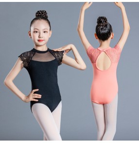 Girls children pink black ballet dance leotards tops stage performance modern latin ballroom ballet lace dance tops for kids