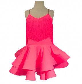 Girls children pink fringes competition latin dance dresses salsa rumba chacha samba stage performance dance dresses