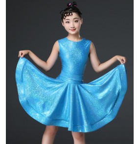 Girls children pink white blue purple competition latin dance dresses candy color glitter stage performance salsa ballroom chacha dance dresses