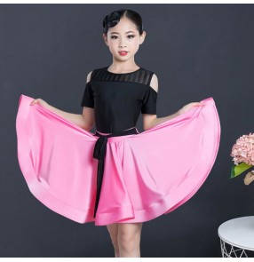 Girls children pink white latin dance dresses training gymnastics fitness stage performance practice rumba salsa samba dance dresses