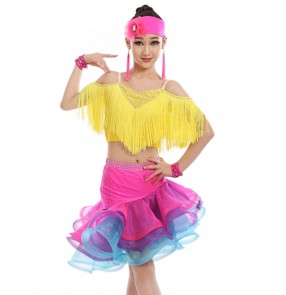 Girls children rainbow colored tassels latin dance dresses stage performance rumba samba chacha dance dresses