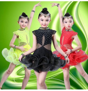 Girls children red black green stage performance latin dance dresses samba chacha dance dresses