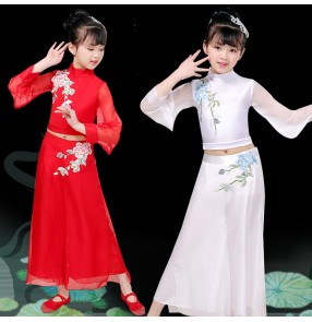 Girls children red white chinese folk dance costumes yangko fan umbrella dance dress anime drama fairy cosplay dresses