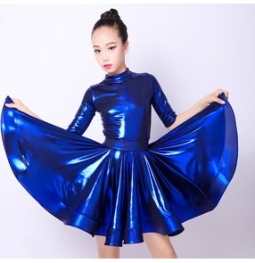 Girls children royal blue glitter latin ballroom dance dresses light pink yellow white salsa rumba dance dresse