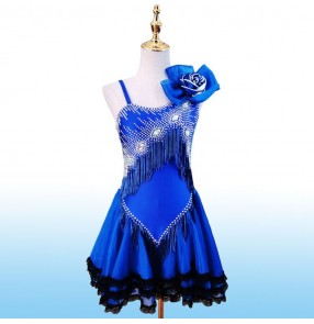 Girls children royal blue latin dance dresses rhinestones stage performance rumba salsa chacha dance dresses