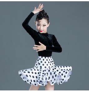 Girls children velvet polka dot latin dance dresses stage performance salsa rumba chacha dance dress tops and skirts