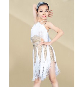 Girls children white fringed competition diamond latin dance dress latin skirt for children professional latin dance costumes white stage performance dress