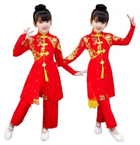 Girls china dragon festive performance costume children's drum costumes Chinese folk girls classical dance costume fan dance umbrella dance dresses