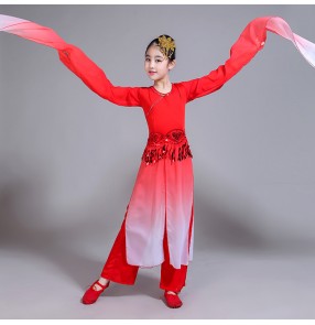 Girls china style folk dance dresses red gradient colored water fall sleeves ancient classical fairy dynasty photos cosplay dancing costumes