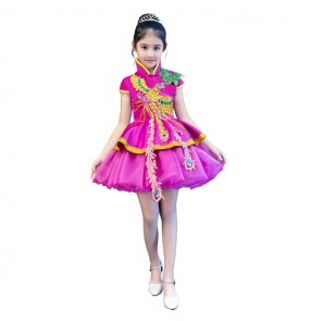 Girls china style jazz singers chorus stage performance princess dress for kids pink flower girls model show party cosplay dancing evening dresses