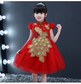 Girls china style phoenix stage performance folk dancing chorus stage performance host evening party flower girls dresses