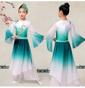 Girls chinese ancient folk dance dress for kids blue gradient colored fan umbrella china traditional classical dance costumes 