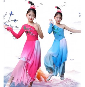 Girls chinese classical dance costumes Girls pink blue Yangko Umbrella dance fan dance dresses fairy princess stage performance costumes for kids