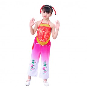 Girls chinese folk dance costumes ancient traditional dance yangko stage performance new year celebration cosplay apron clothes