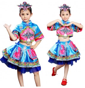 Girls Chinese folk dance costumes for child miao hmong  ethnic minority photos stage performance cosplay dancing dresses