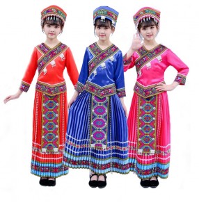 Girls chinese folk dance costumes kids children hmong minority Stage performance costume Miao children performance costumes