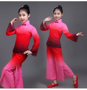 Girls chinese folk dance costumes kids children red gradient colored ancient yangko fan classical fairy cosplay costumes