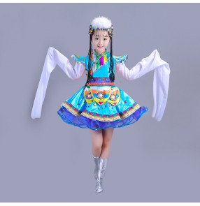 Girls chinese folk dance costumes kids tibet Mongolian dance costumes water sleeves robes dresses with headdress