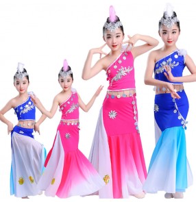 Girls Chinese folk dance costumes modern dance mermaid belly peacock dance dresses for school stage performance