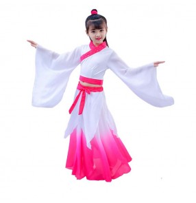 Girls chinese folk dance costumes white with pink kids chidlren ancient traditional classical fairy hanfu umbrella fan dance costumes