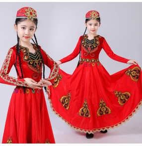 Girls Chinese folk dance dress xinjiang Uygur minority Belly stage performance dance costumes with hat