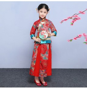 Girls Chinese folk dance dresses red colored show china style photography wedding party stage performance costumes