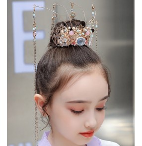 Girls chinese Hanfu headdress head crown children's phoenix crown girls hair accessories fairy costume hair tassel performance crown 