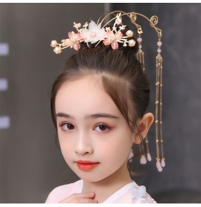 Girls chinese hanfu headdress stage performance princess fairy drama kimono dress hair crown cosplay hair accessories