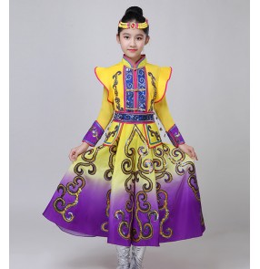 Girls chinese Mongolian dresses stage performance chinese folk mongolia robes film drama cosplay mongolia costumes for kids