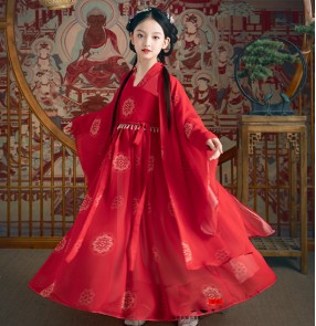 Girls Chinese red empress dresses Hanfu Fairy Skirt Children's chinese folk dance Costume Long Sleeve Tang Costume Princess Guzheng performance Costumes